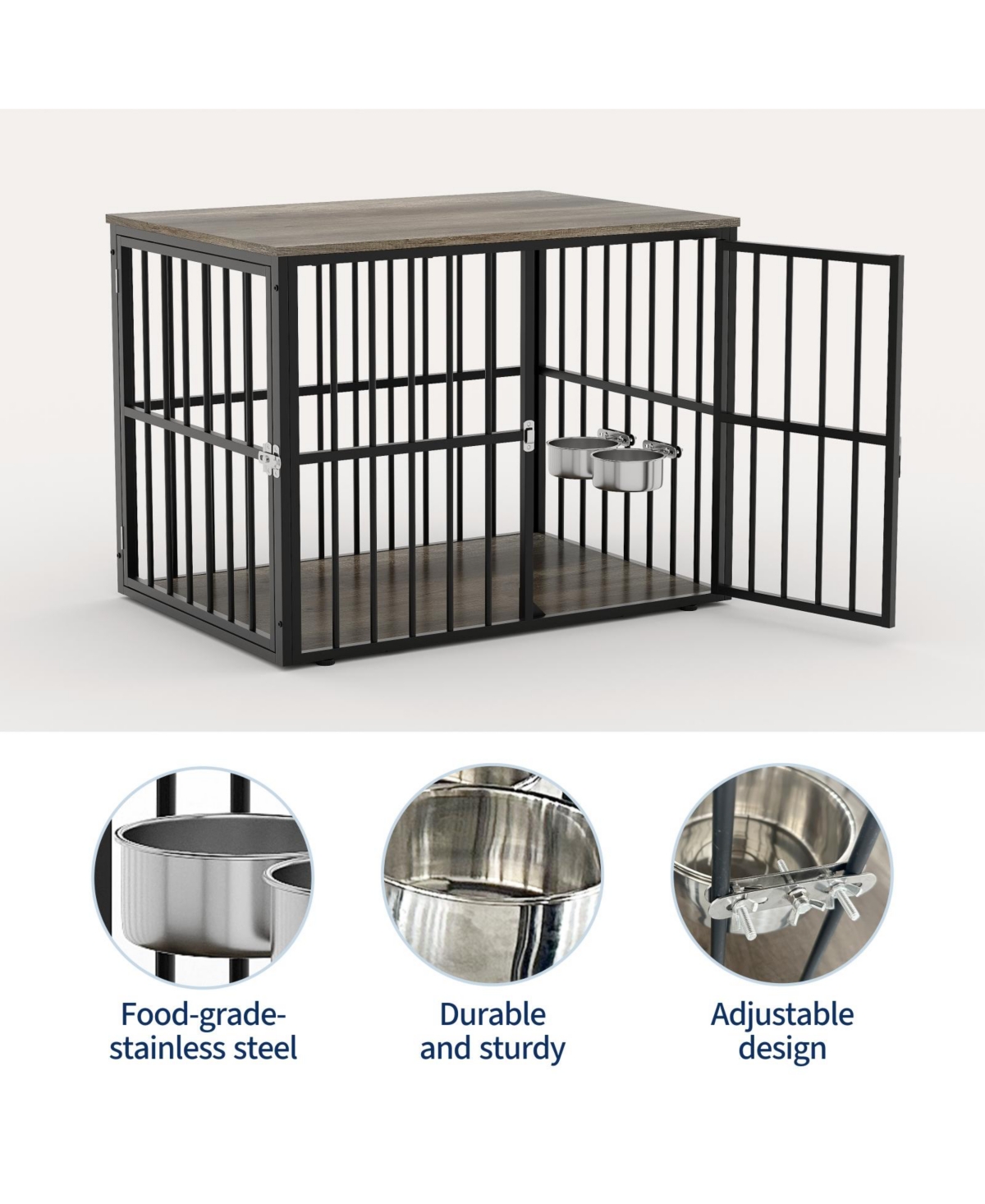 gaomon Heavy Duty Wooden Dog Crate for Medium Large Dogs Double Doors, Adjustable Bowls, Modern Indoor Kennel End Table, Pet Cage, Console