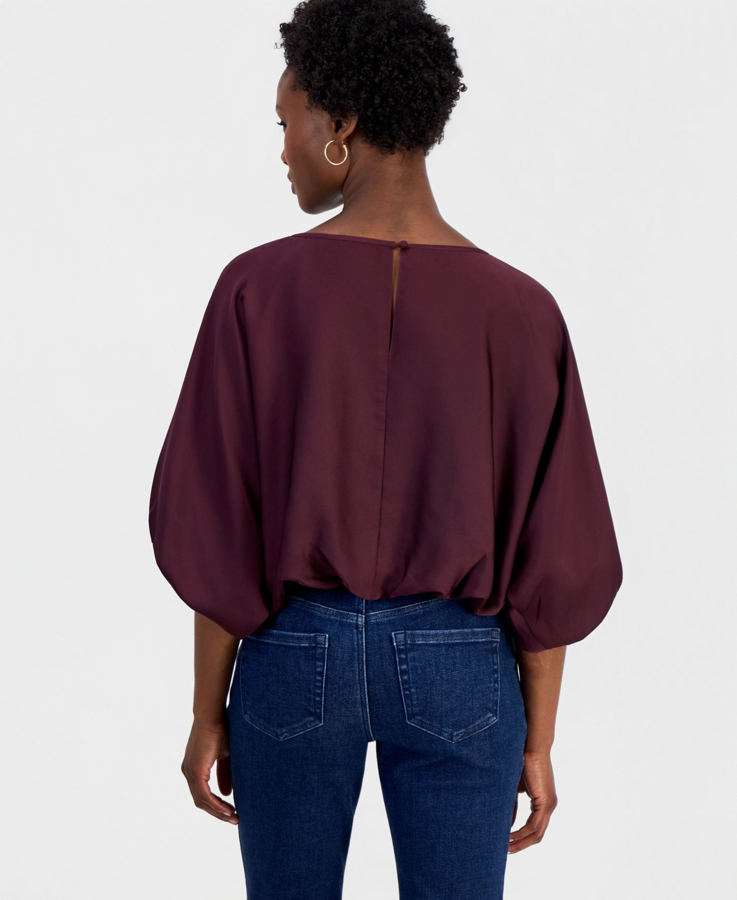 Petite Elbow-Sleeve Bubble Boat Neck Blouse