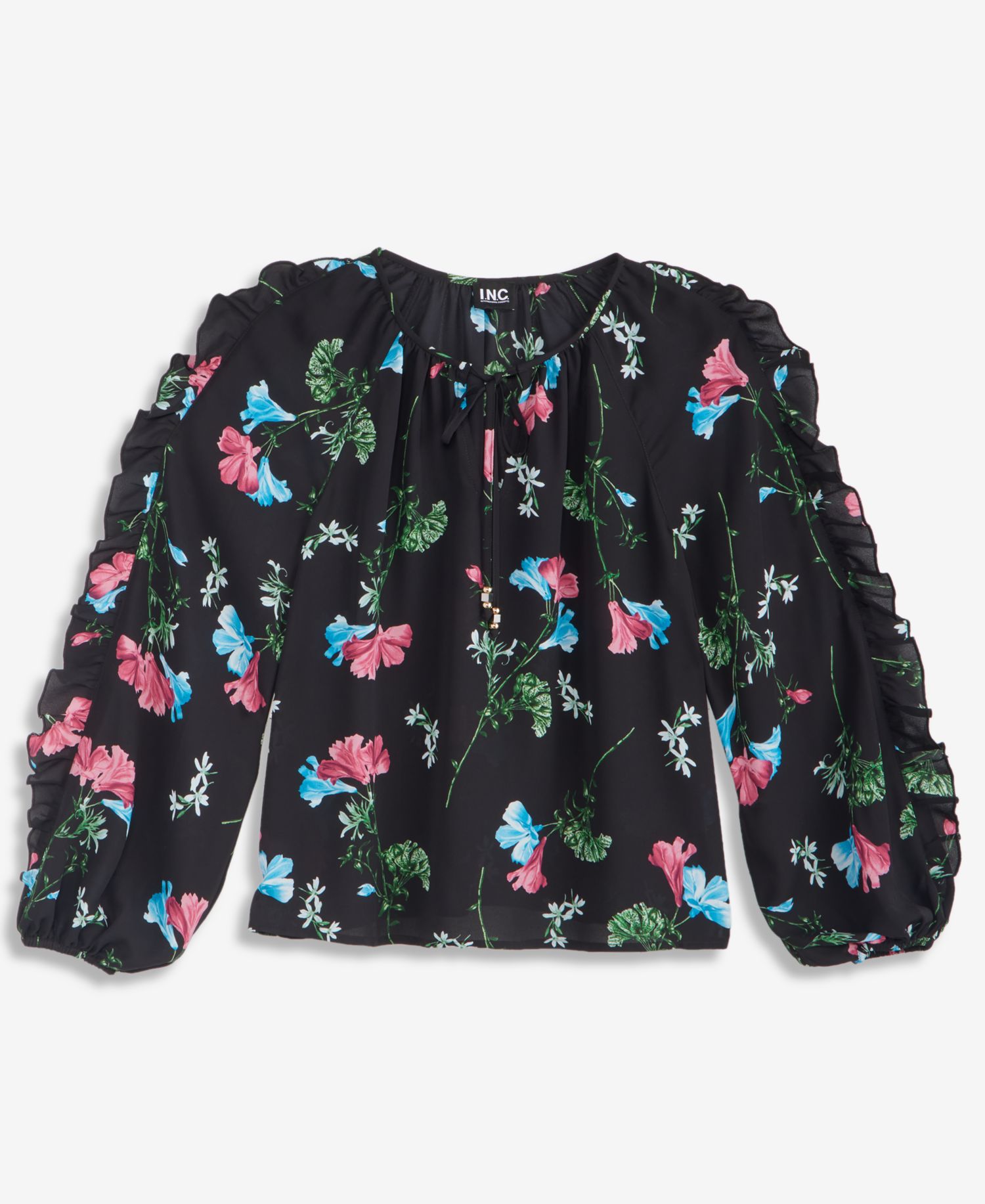 Women's Petite Ruffle Floral-Print Long-Sleeve Blouse