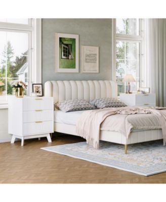 Set of 2 Fluted 3-Drawer Nightstands, Bedroom Side Tables with Metal Handles Wood Finish