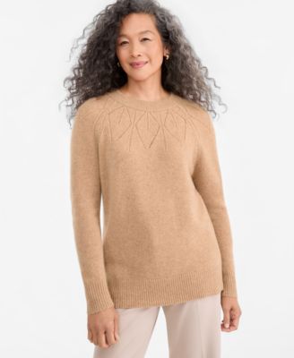 Women's Placed-Pointelle Crewneck 100% Cashmere Sweater