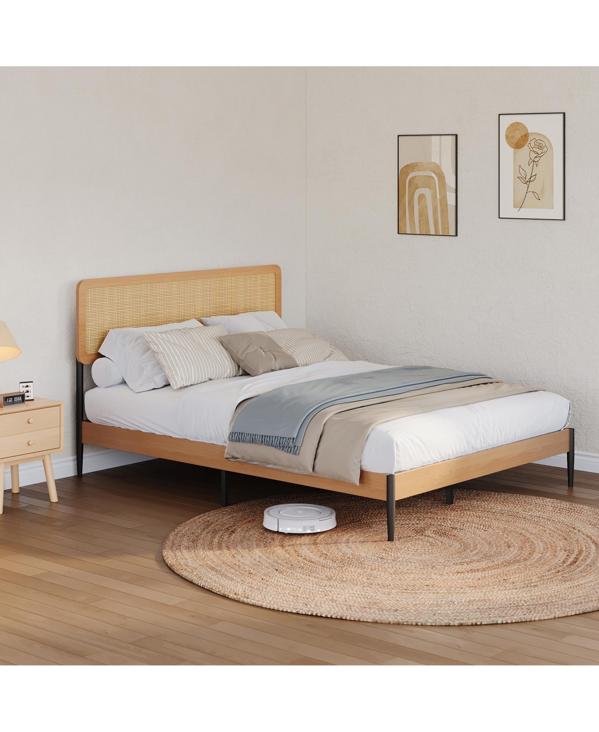 gaomon Queen Rattan Bed Frame – Rattan Headboard Platform Bed with Wood Slats and Under Bed Storage. Quiet Support. No Box Spring Needed