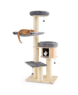 4-Layer Wooden Cat Tree Condo Activity Tower with Sisal Posts