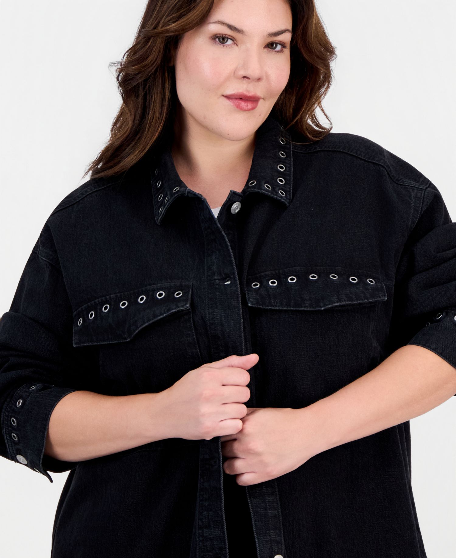 Trendy Plus Size Grommet Denim Shirt