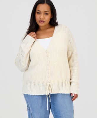 Trendy Plus Size Pointelle Drawstring Cardigan
