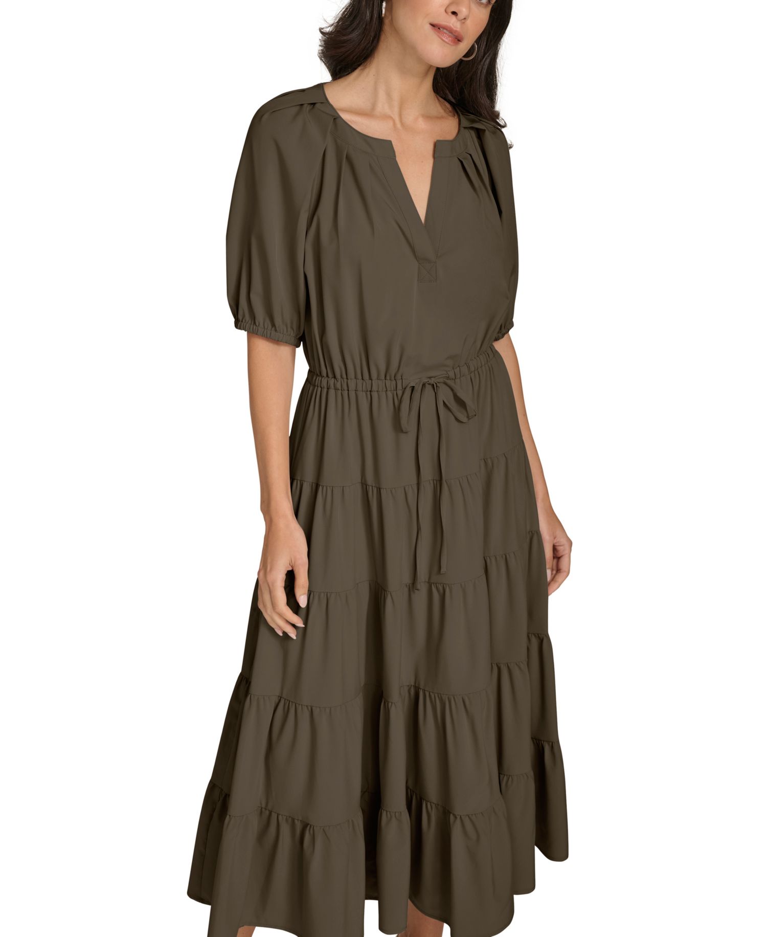 V-Neck Elastic Waistband Midi Dress