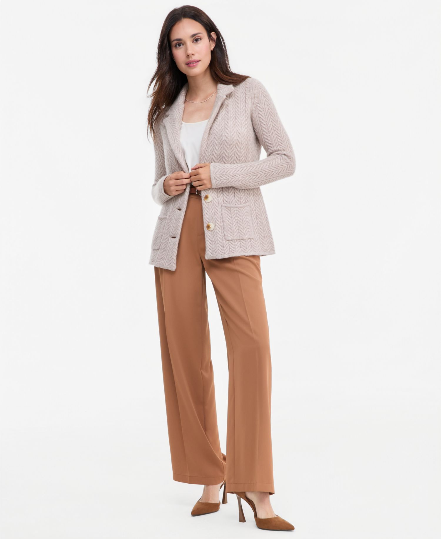 Petite Herringbone-Stitch Button-Front Cashmere Jacket