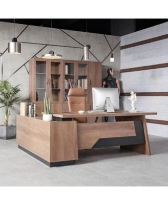 Adjustable Width 70.8 IN to 78.74IN L Shape Executive Office Desk with Cabinets