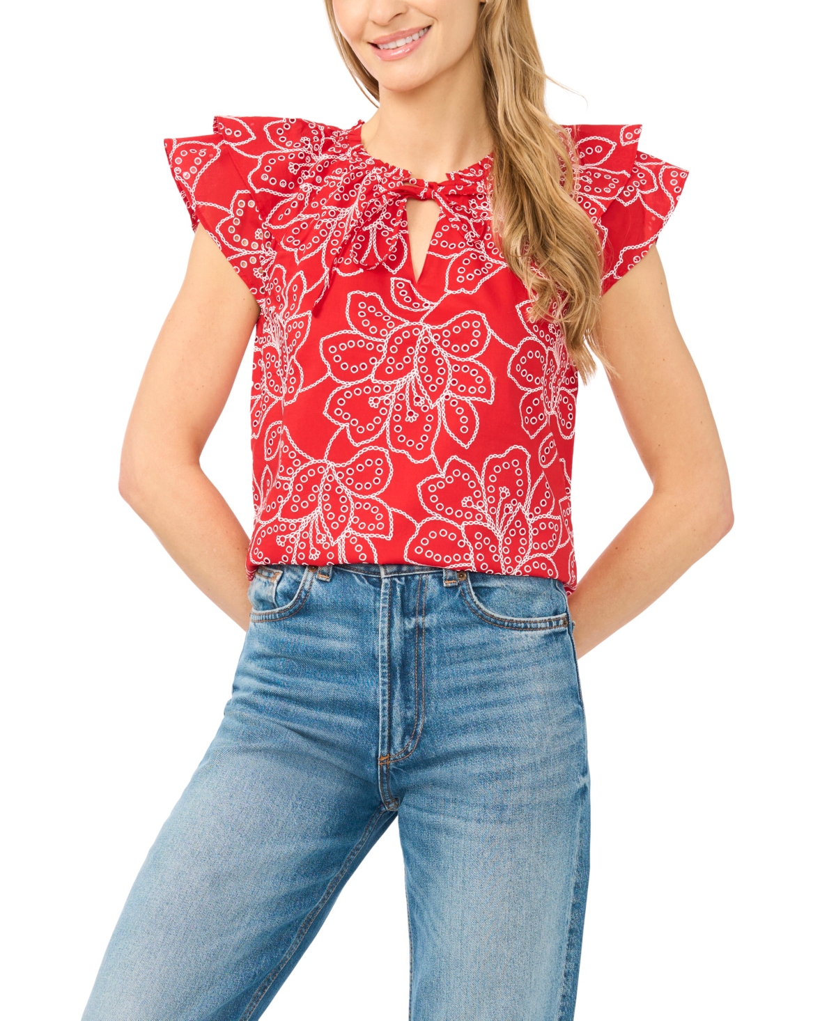 CeCe Women's Printed Flutter-Sleeve Tie-Neck Top