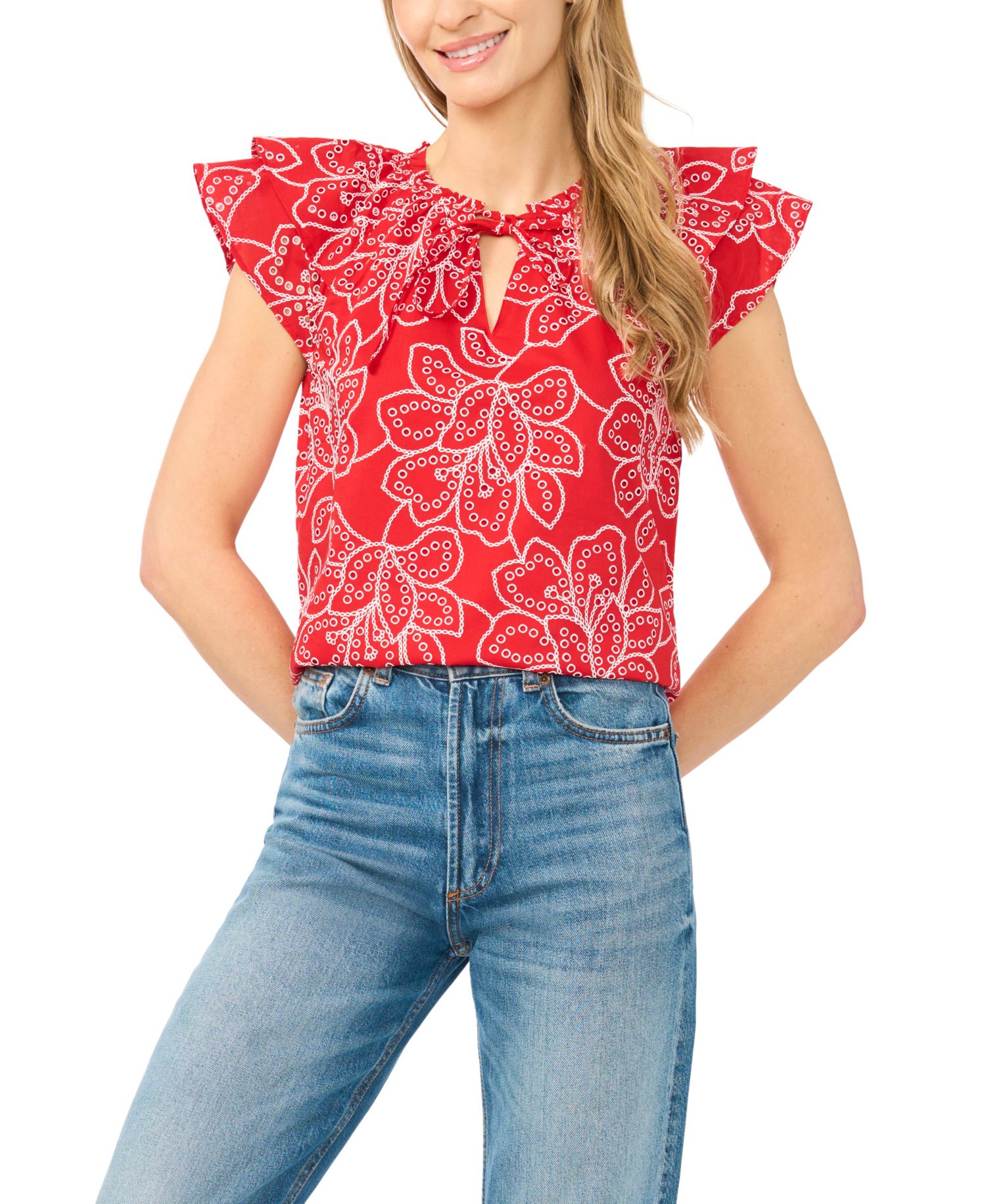 Women's Printed Flutter-Sleeve Tie-Neck Top