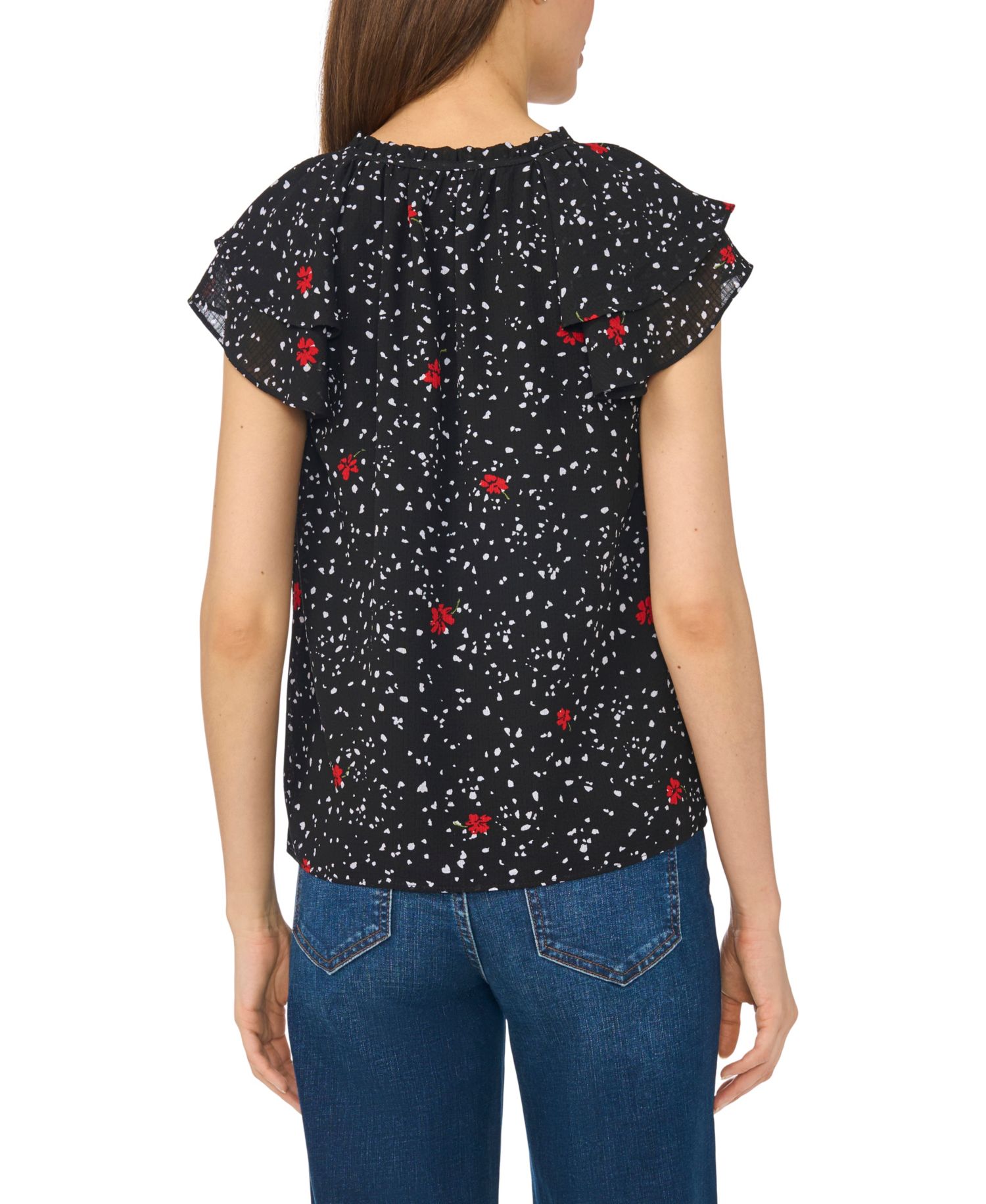 Women's Printed Flutter-Sleeve Tie Neck Top