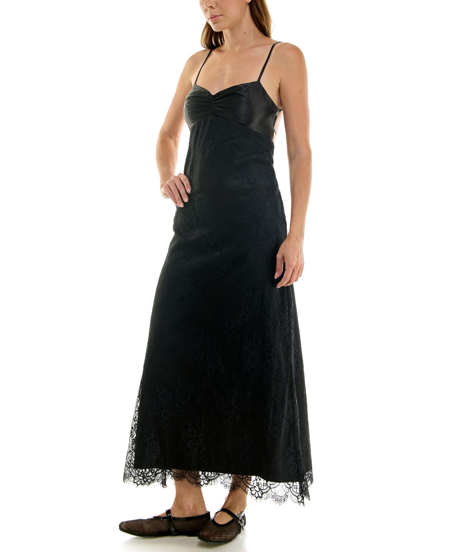 Juniors' Lace and Satin Maxi Slip Dress