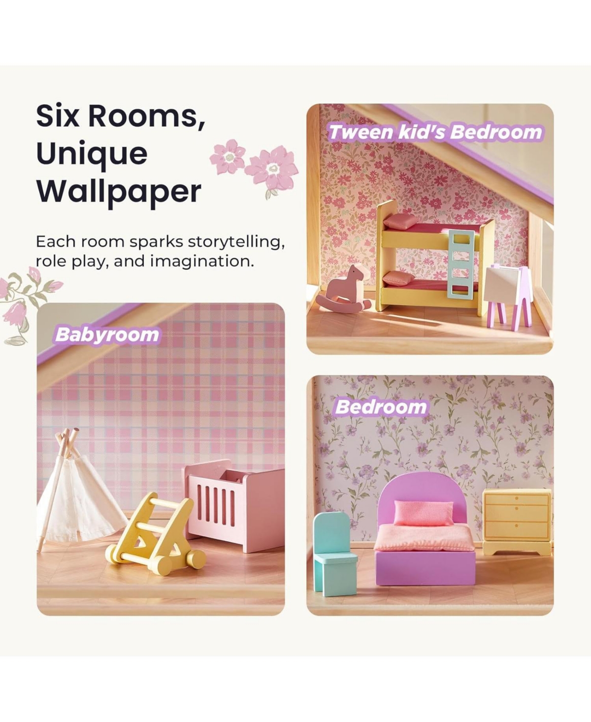 Tiny Land Wooden Dollhouse for Girls - Diy Pretend Play Doll House with 31Pcs Furniture Accessories