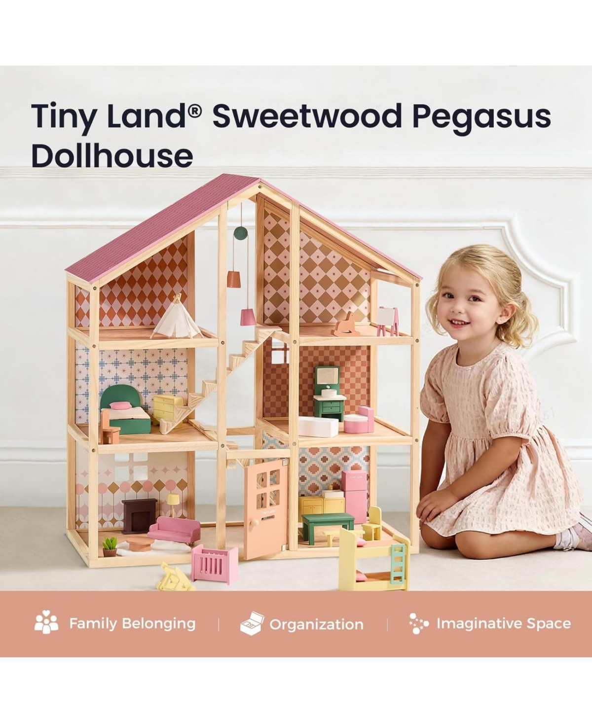 Tiny Land Wooden Dollhouse for Girls - Diy Pretend Play Doll House with 31Pcs Furniture Accessories