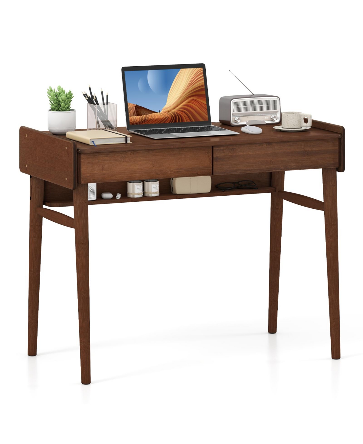 Slickblue Writing Desk with Wicker Drawers and Open Shelf Storage