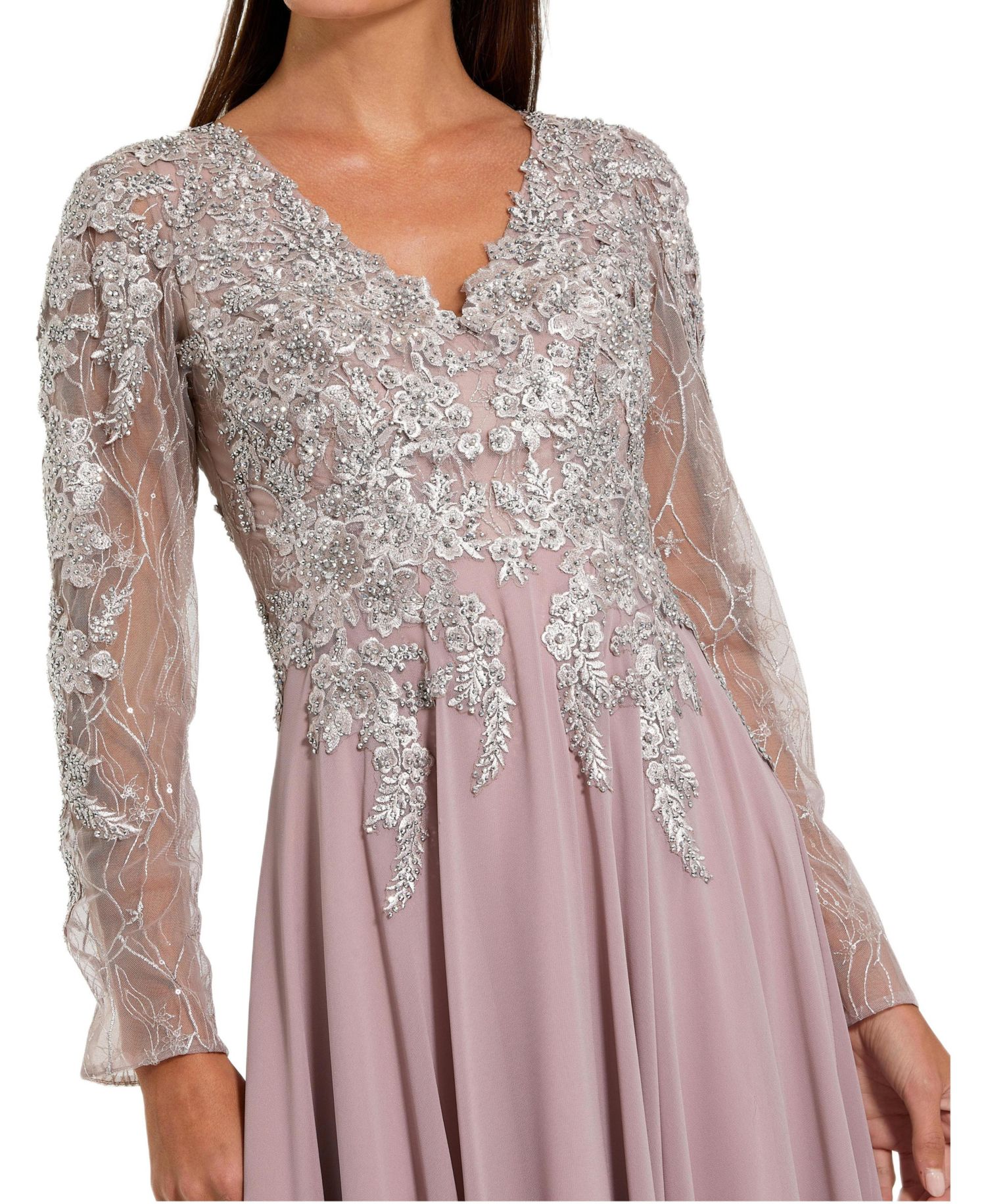 Women's Floral Embroidered Illusion V-neck A-line Gown