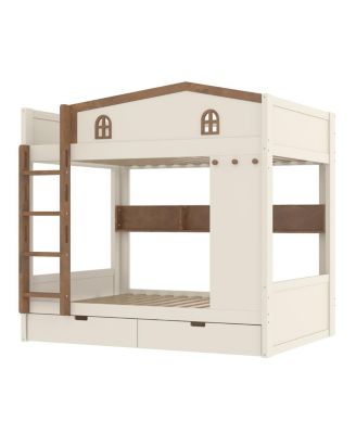 Full over Full Wood Bunk Bed with Storage Drawers and Shelves