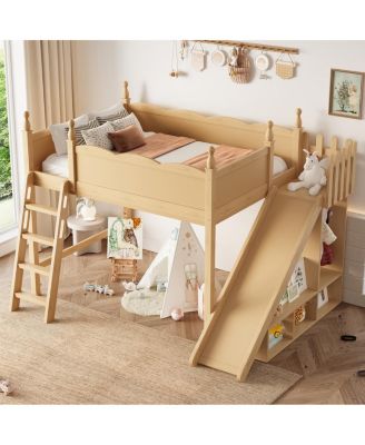 Solid Wood Loft Bed with Storage, Wardrobe, and Slide