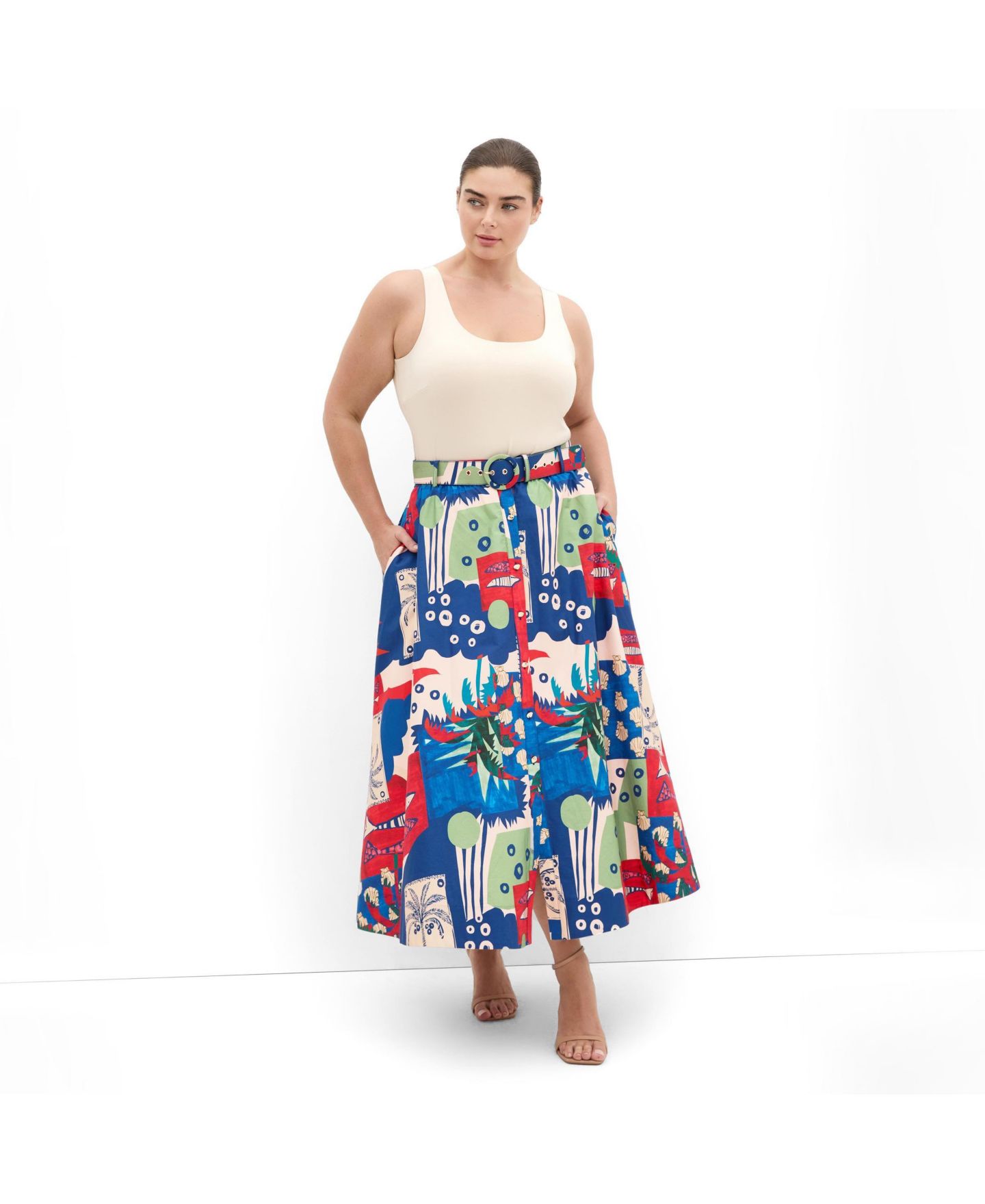 Женская юбка CITY CHIC Plus Size Elysia Marine Print Belted Cotton, цвет: Морской — фото 3