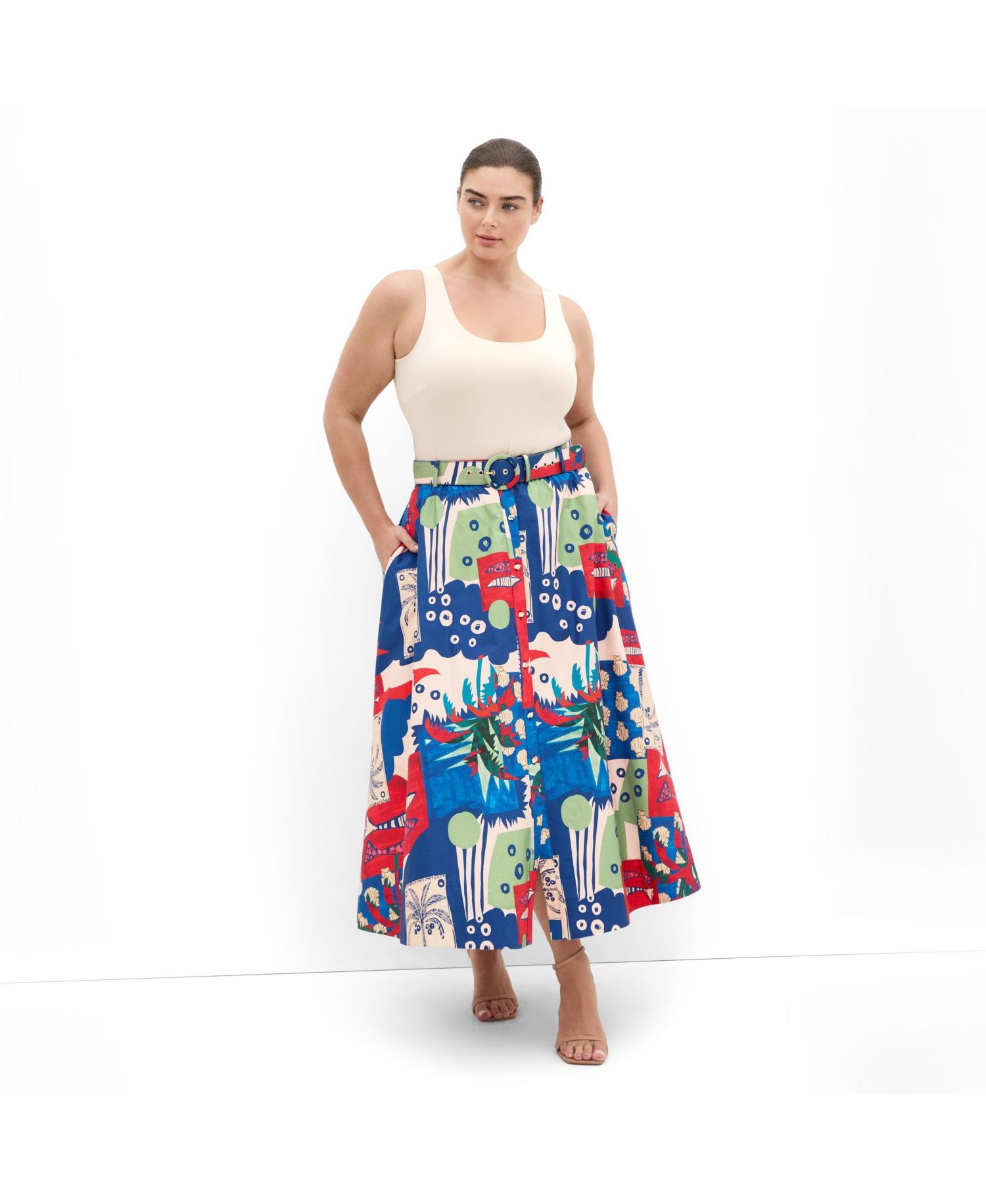 Women's Plus Size Elysia Marine Print Belted Cotton Skirt