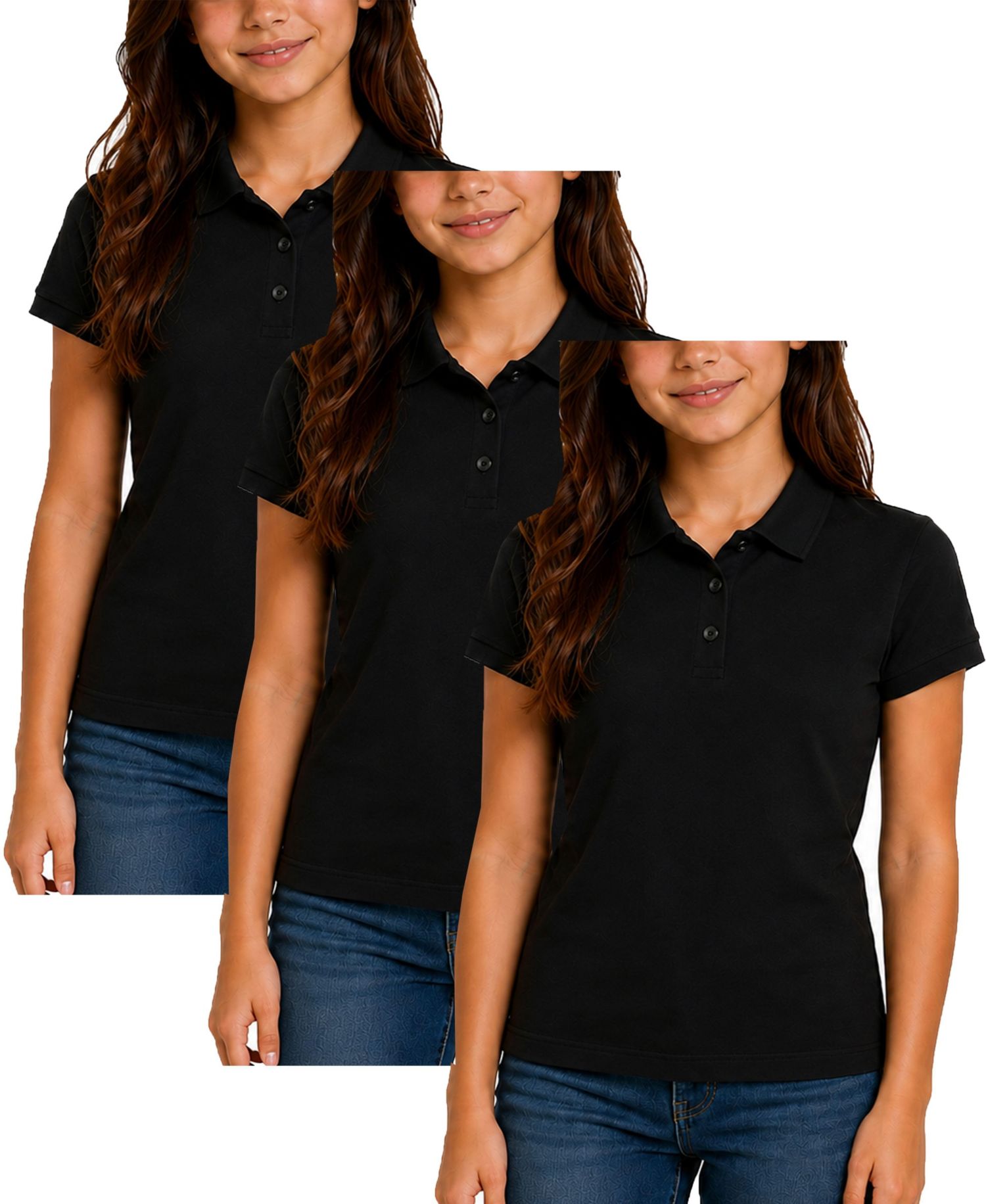 Women's 3-Button Short Sleeve Stretch Pique Polo Shirts School Uniform-3 Pack