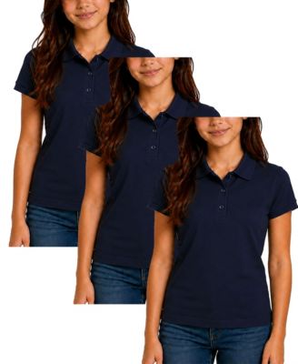 Women's Juniors 3-Button Short Sleeve Stretch Pique Polo Shirts School Uniform-3 Pack