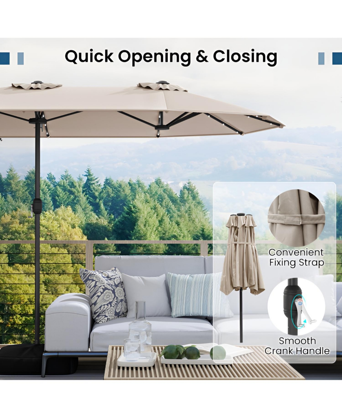 Double-sided Patio Umbrella with Solar Lights for Garden Pool Backyard