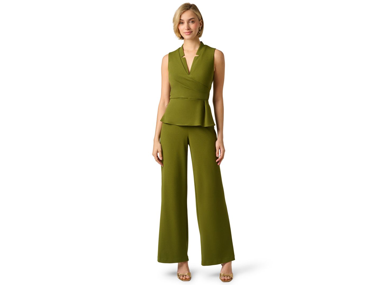 Женский комбинезон Adrianna Papell Knit Crepe Peplum Jumpsuit, цвет: Оливковый — фото 1