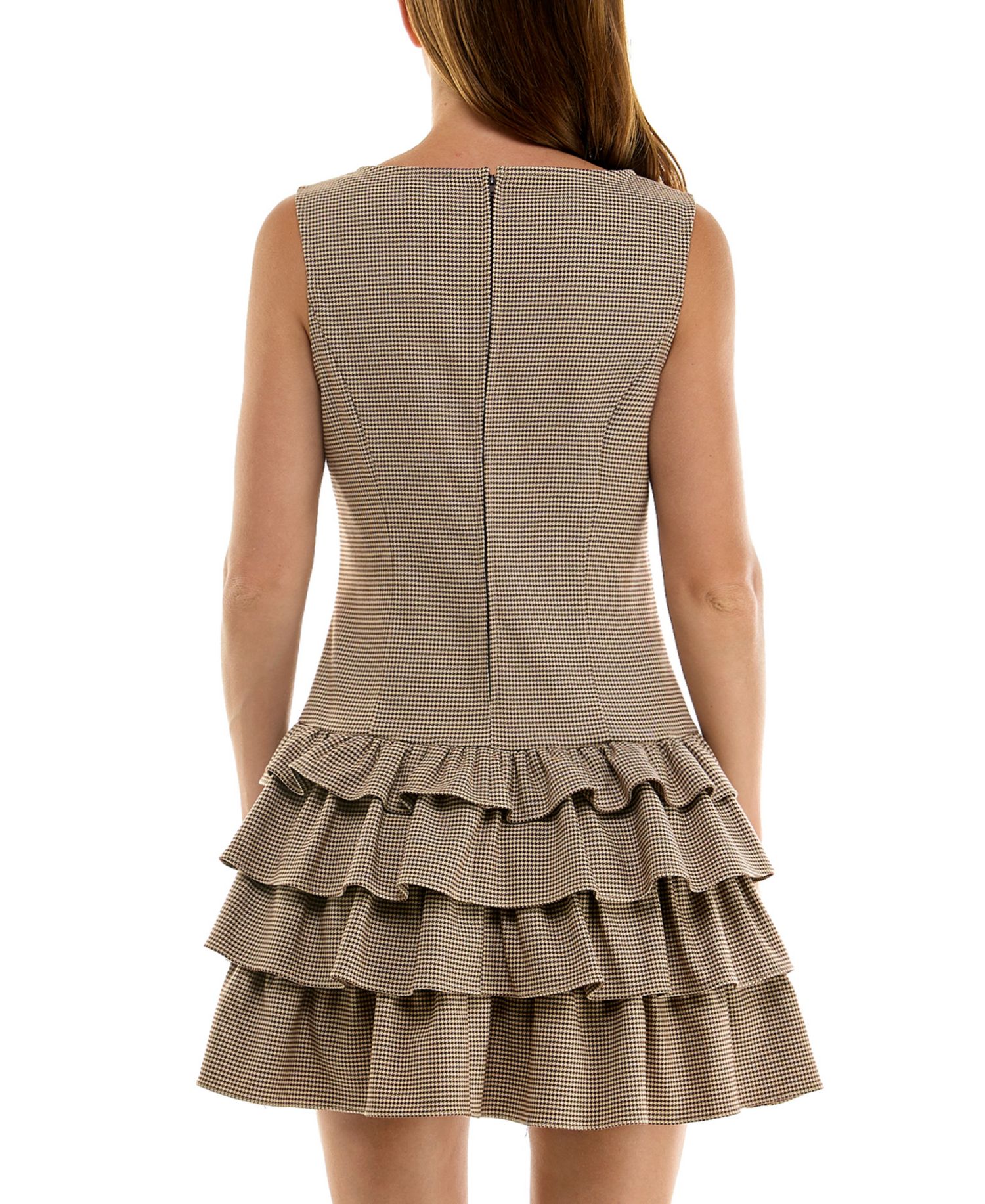 Juniors' Houndstooth Boat Neck Tiered Skirt Mini Dress
