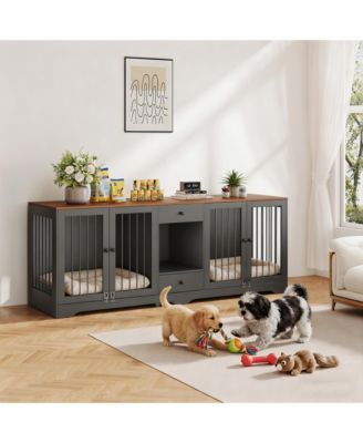 multi-functional dog crate, 83" indoor wooden kennel with 4 doors, 2 drawers, secure locks, stylish design for living room, medium large dogs.
