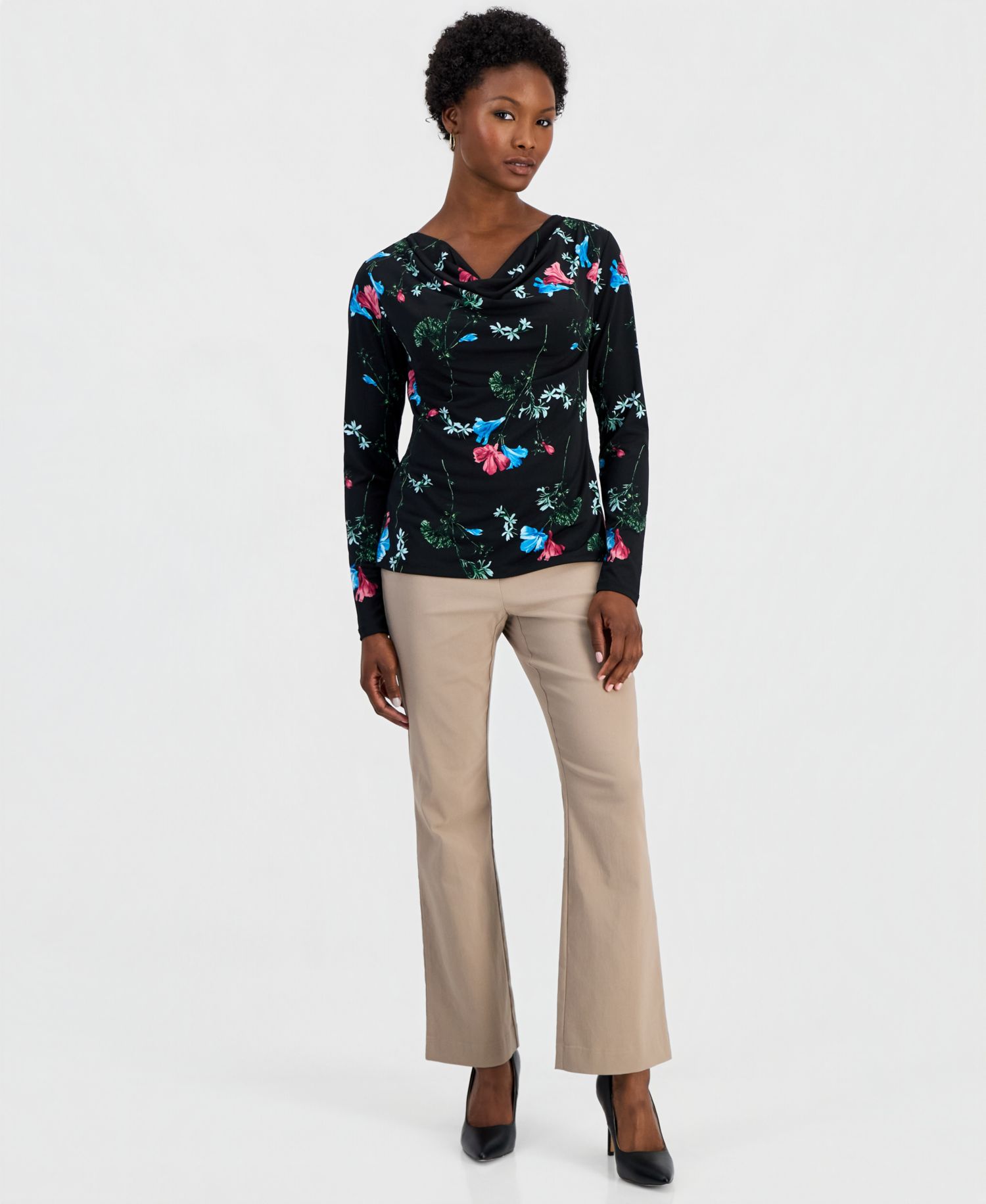 Petite Floral-Print Cowl Neck Top