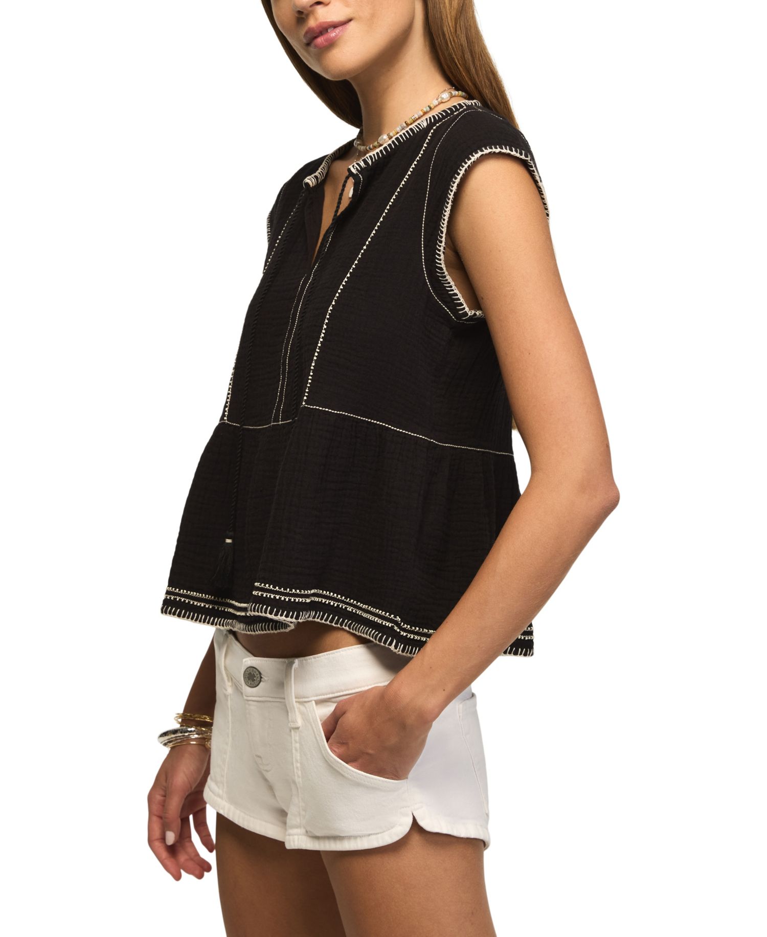 Women's V-Neck Contrast Embroidered Ruffle Top