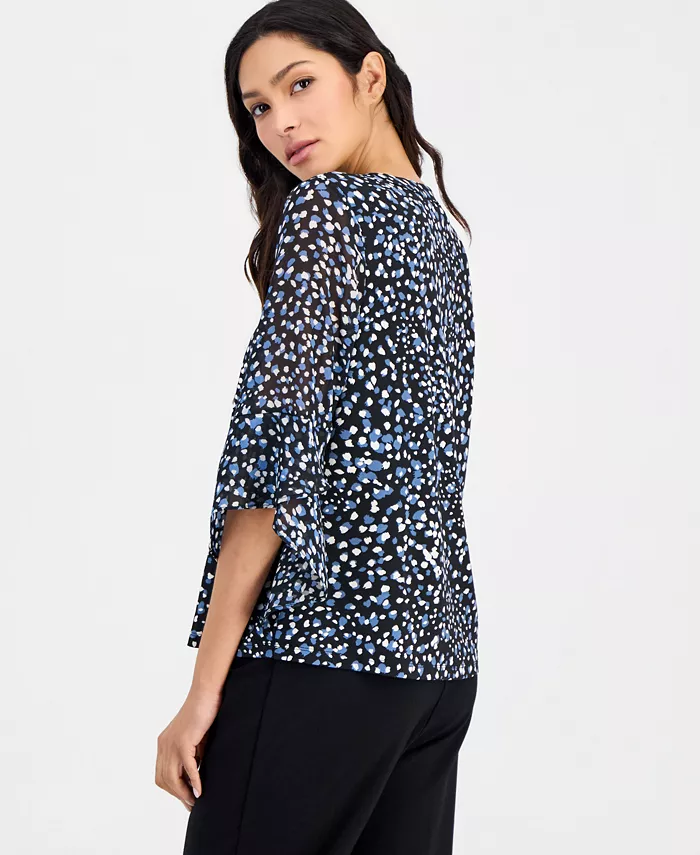 Petite Printed 3/4-Bell-Sleeve Split-Neck Top - thumbnail 3