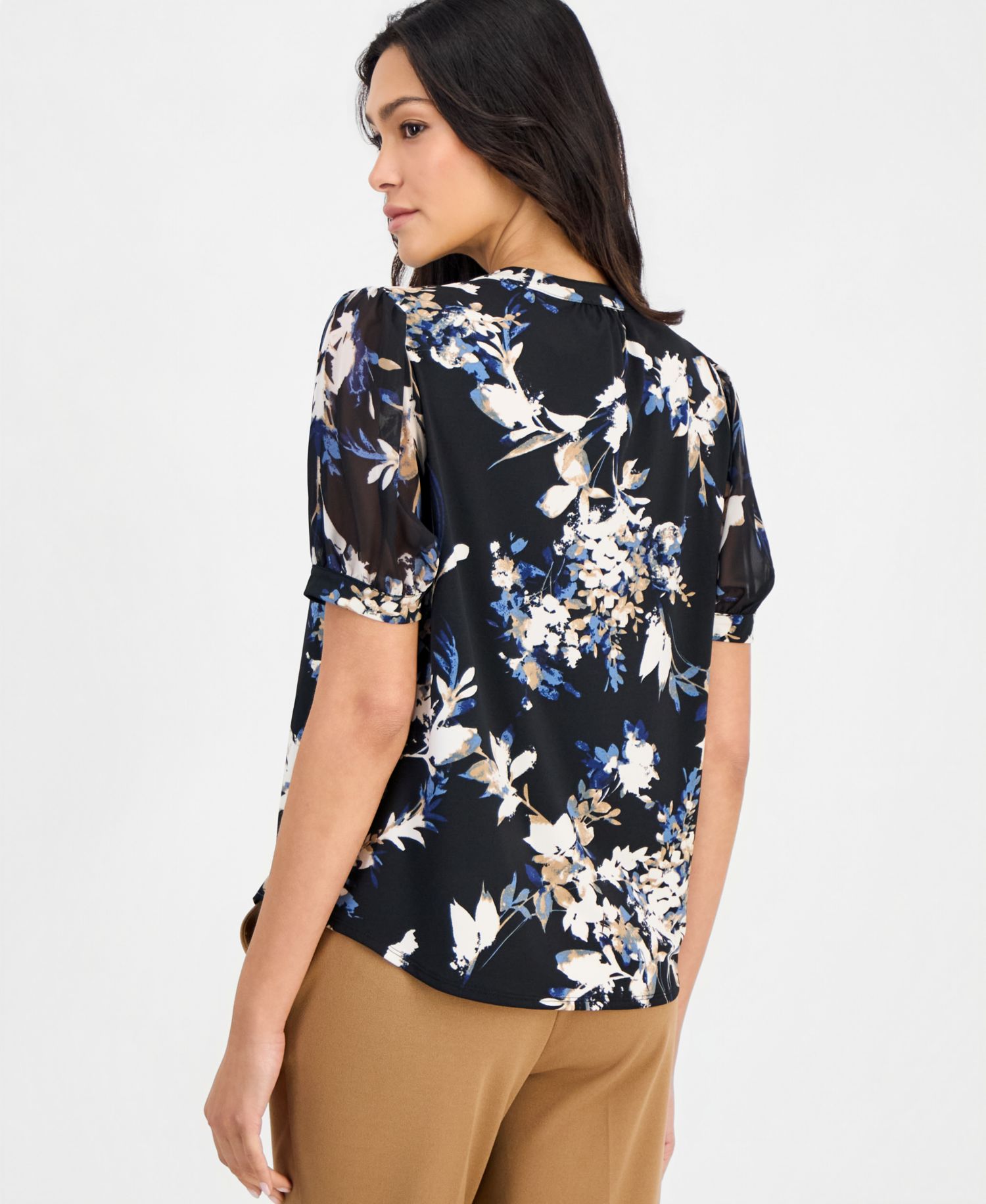 Petite Floral Split-Neck 3/4-Sleeve Blouse