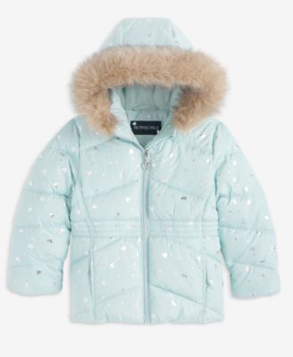 Girls' 2T-6X Foil Quilted Puffer Jacket With Faux-Fur-Trim Hood