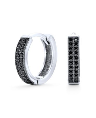Black Pave CZ Cubic Zirconia Micro Pave 2 Row Huggie Hoop Earrings .925 Sterling Silver .30 inch Diameter