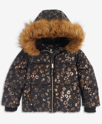 Toddler Girls' 2T-6X Leopard Foil Puffer Coat With Faux-Fur Trim