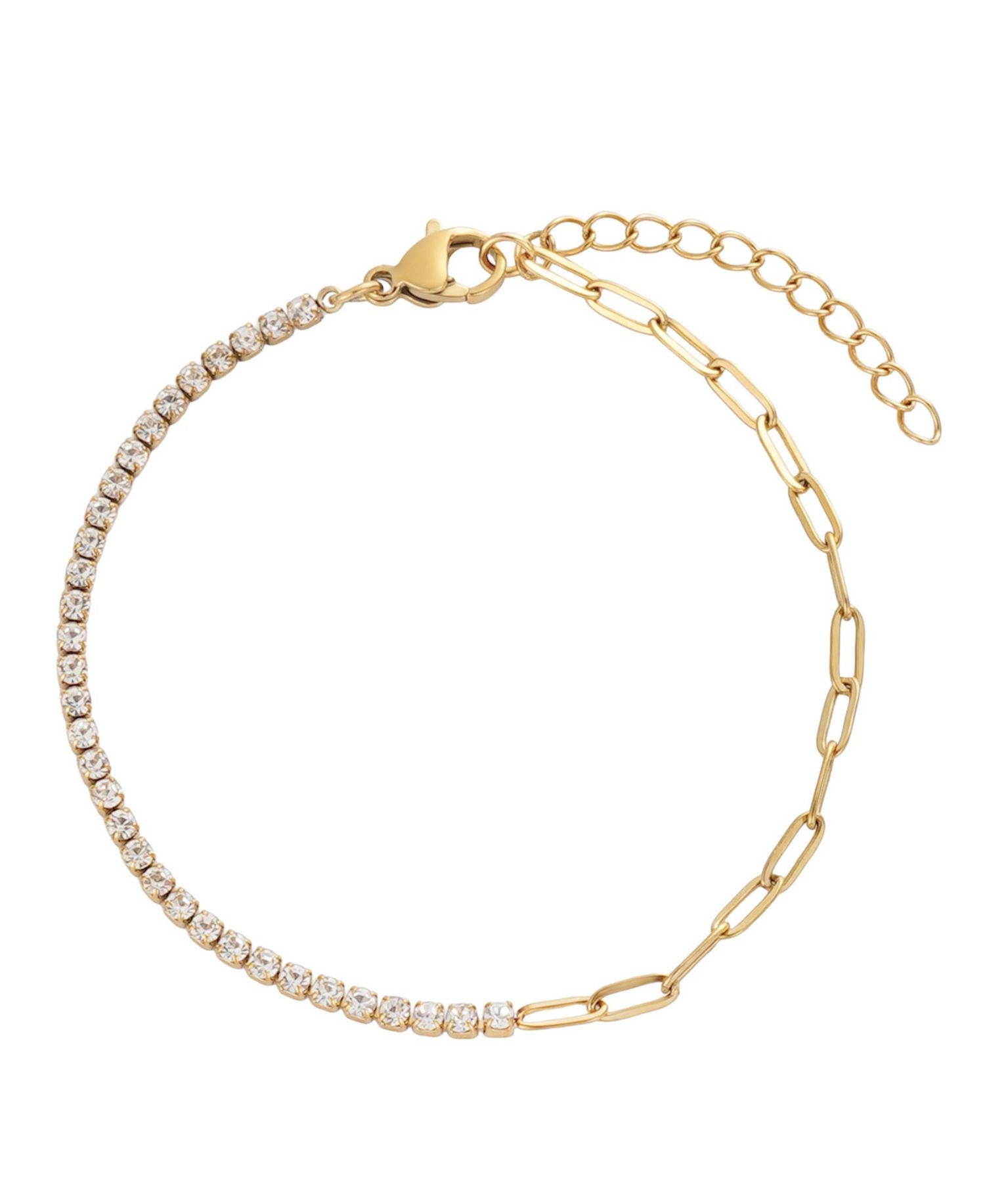 Tarnish Resistant Gold Crystal Half Tennis and Paperclip Chain Bracelet