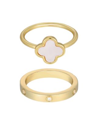 Gold Freshwater Pearl Clover and Eternity Band Ring Set