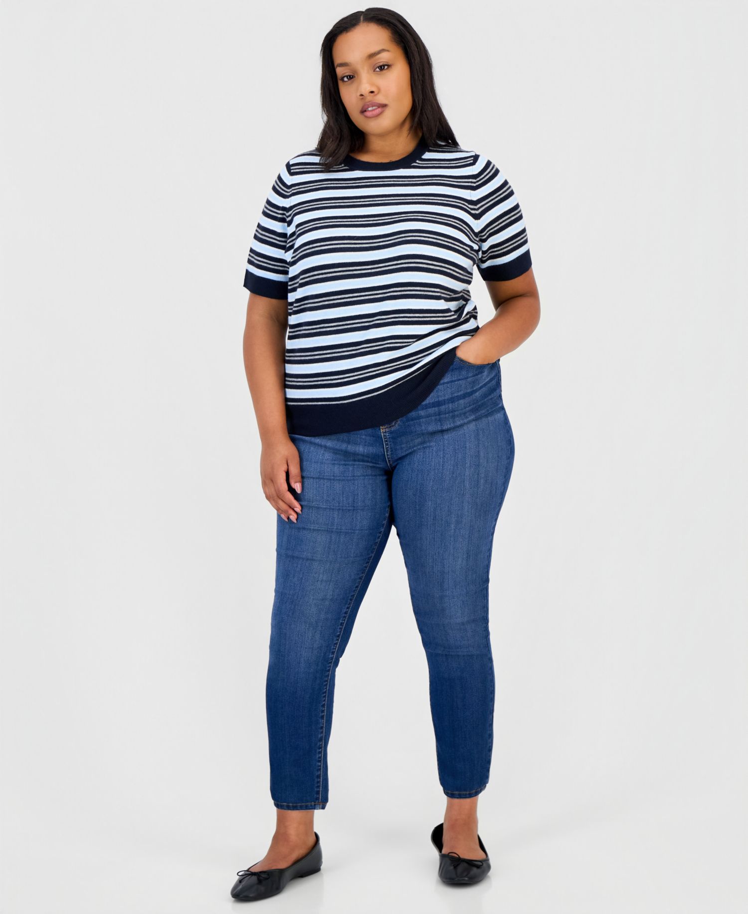 Trendy Plus Size Mallory Striped Sweater-Knit T-Shirt