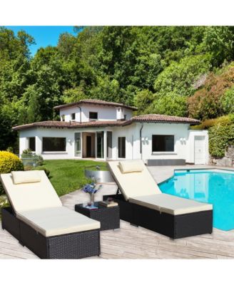 3-Piece Outdoor Patio Furniture Set - 2 Adjustable Rattan Chaise Lounges with Cushions and Tempered Glass Coffee Table