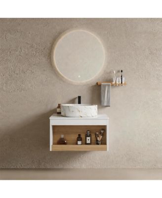 Wall Mounted Bathroom Vanity with Marble Vessel Sink, Floating Plywood Cabinet, Open Storage for Small Spaces