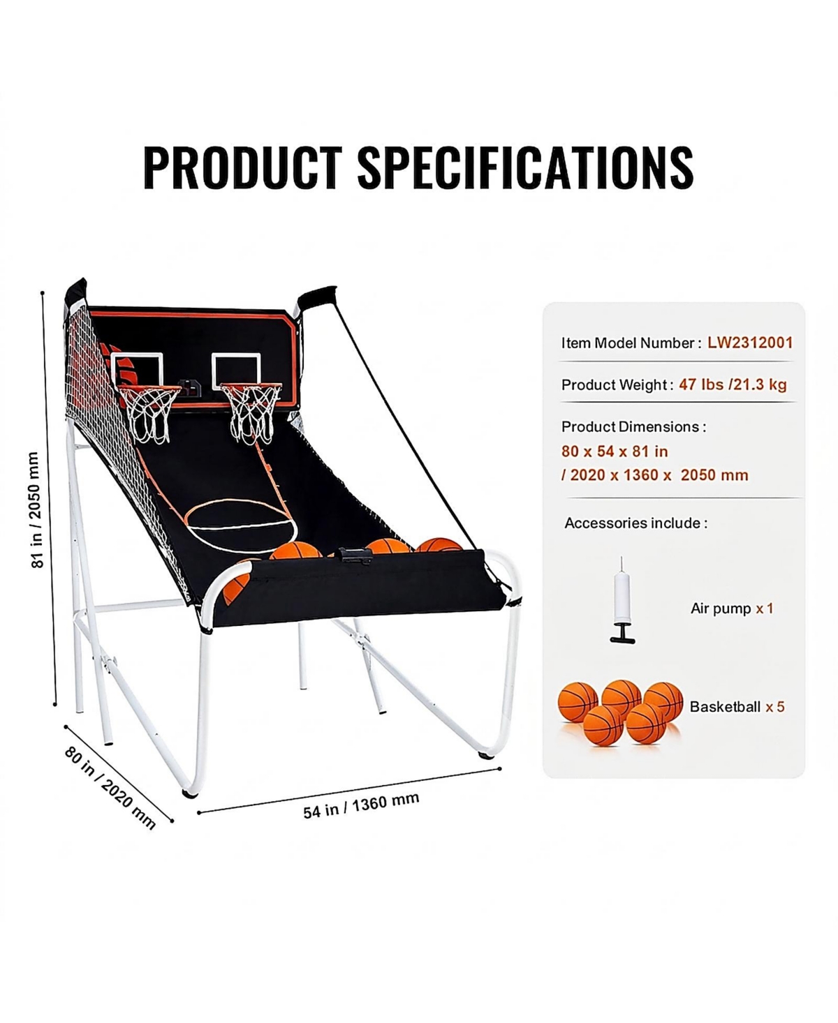 Sevorley Foldable 2-Player Basketball Arcade Game with 8 Modes and 5 Balls