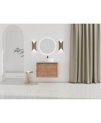 Wall Mounted Modern Bathroom Vanity with Plywood Cabinet, Stone Countertop, Ceramic Vessel Sink for Small Spaces