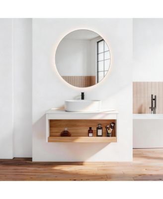 Wall Mounted Bathroom Vanity with Vessel Sink, Floating Plywood Cabinet, Open Storage for Small Spaces