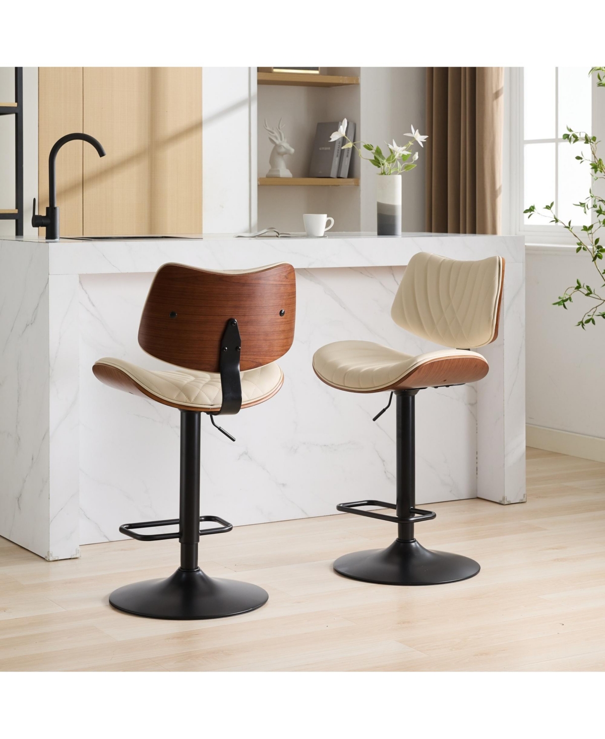Rainsken Bar Stools Set of 2, Adjustable Swivel Counter Height Chairs with Leather Upholstered and Footrest for Kitchen Island