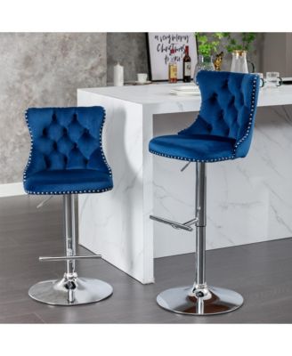 Velvet Swivel Bar Stools Set of 2, Adjustable Counter Height Chairs with Nailhead Trim and Metal Base for Kitchen Island