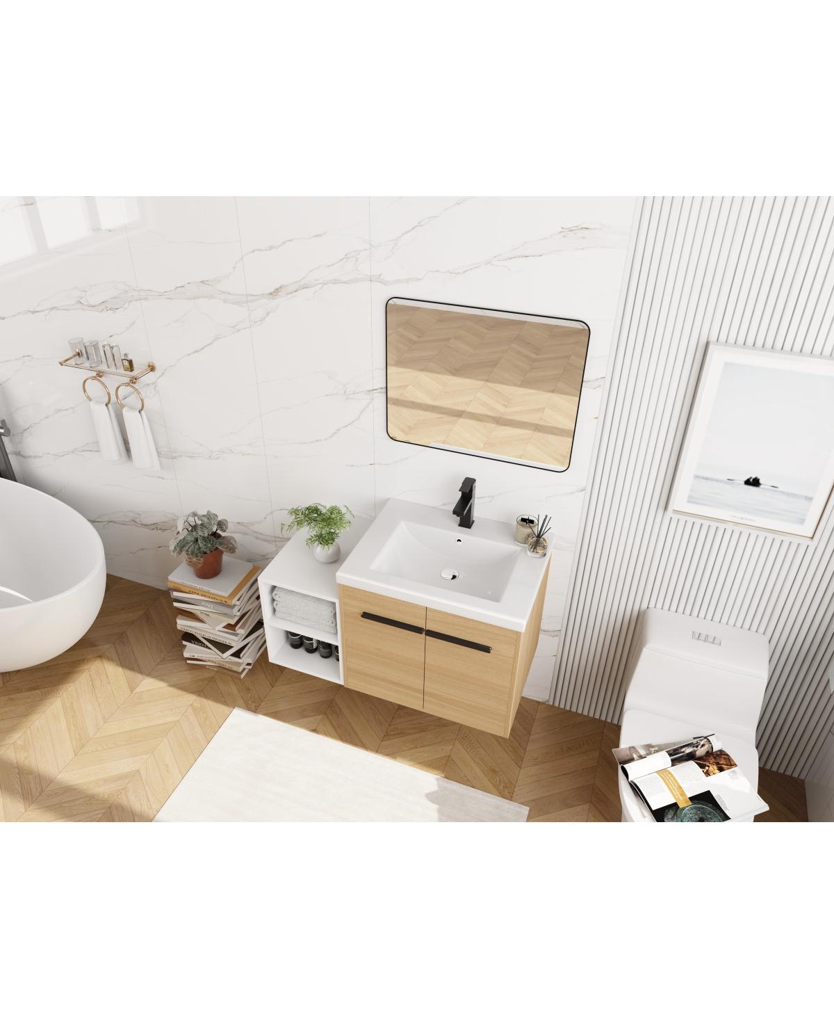 Sillysis 36 Inch Wall Mounted Bathroom Vanity with Resin Sink and Open Storage Shelves for Modern Small Bathrooms