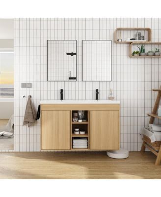 47.6 Inch Freestanding Double Sink Bathroom Vanity with Soft Close Doors, Open Shelves and Storage Boxes, Modern Plywood Cabinet