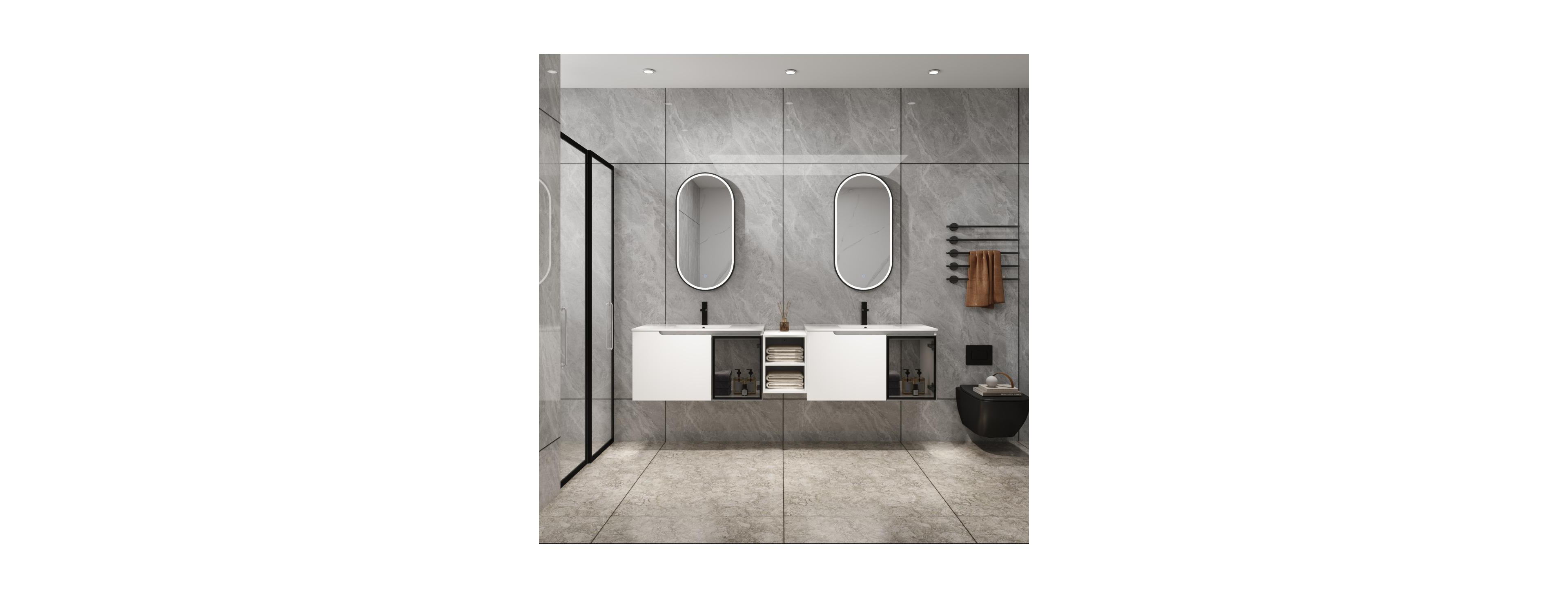 Sillysis Double Sink Wall Mounted Bathroom Vanity with Ceramic Basin, Modern Floating Plywood Cabinet